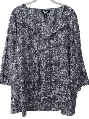 Canyon River Blues 100% Cotton Soft Gray Brown Floral Tie-Neck Blouse XL